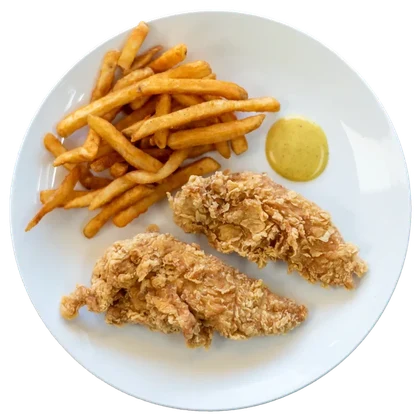 Chicken tenders with seasoned fries and sauce