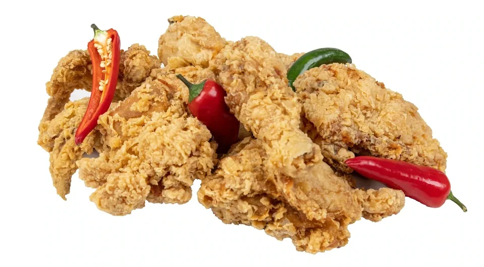 A pile of golden fried chicken with fresh red and green chillies